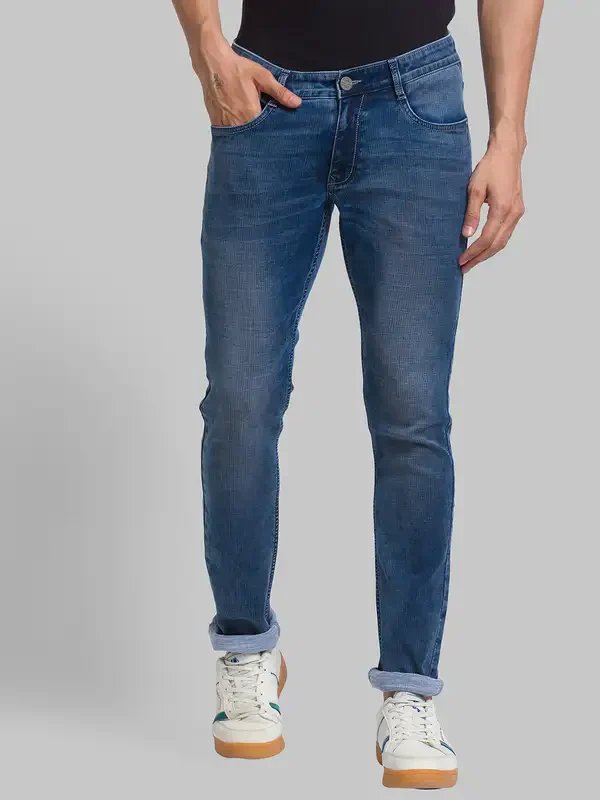 Men Blue Skinny Cropped Fit Jacquard Cotton Blend Jeans
