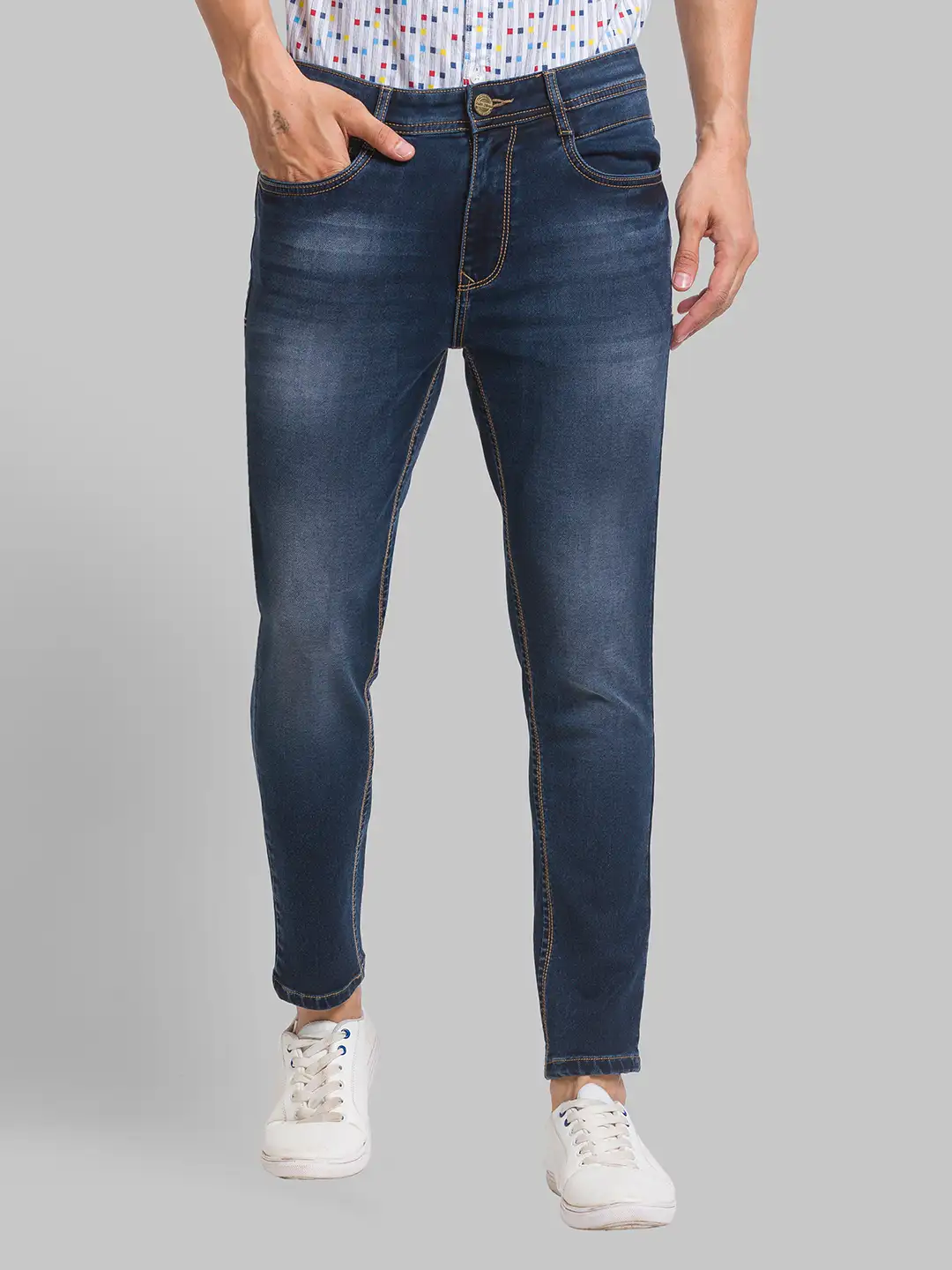 Men Blue Skinny Cropped Fit Jacquard Cotton Blend Jeans