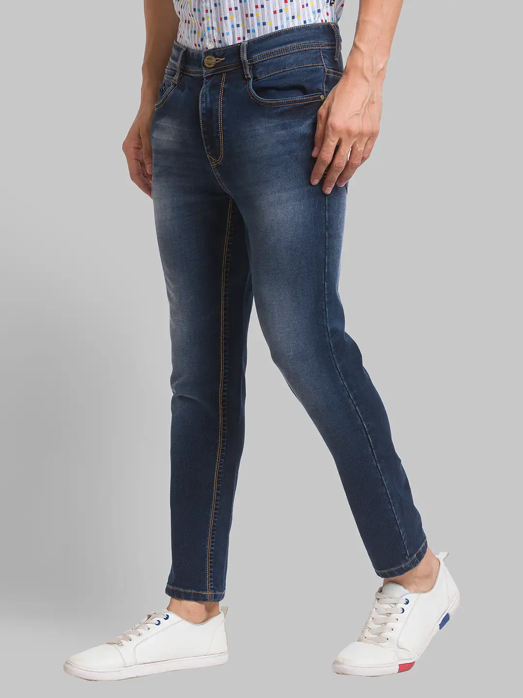 Men Blue Skinny Cropped Fit Jacquard Cotton Blend Jeans - Image 3