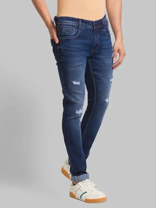 Men Blue Skinny Cropped Fit Jacquard Cotton Blend Jeans - Image 2