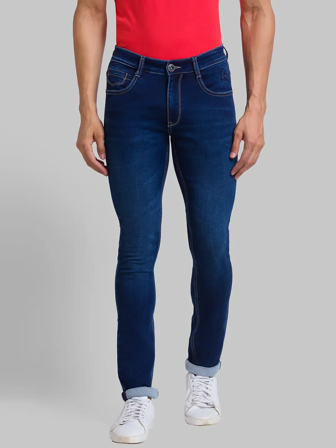Men Blue Skinny Cropped Fit Jacquard Cotton Blend Jeans