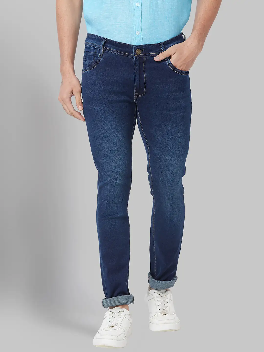 Men Blue Skinny Cropped Fit Jacquard Cotton Blend Jeans