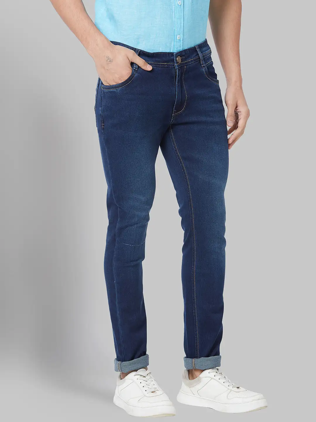 Men Blue Skinny Cropped Fit Jacquard Cotton Blend Jeans - Image 2