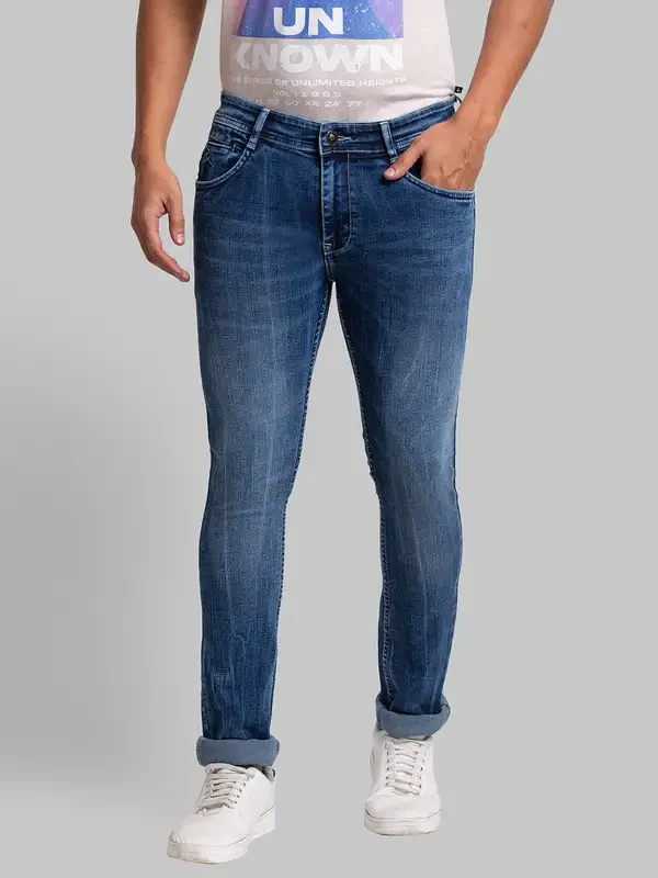 Men Blue Skinny Cropped Fit Jacquard Cotton Blend Jeans