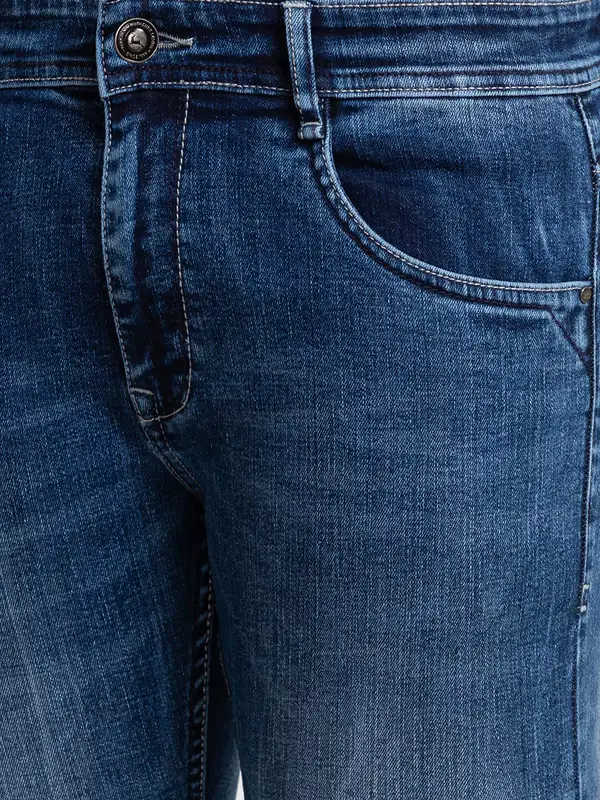 Men Blue Skinny Cropped Fit Jacquard Cotton Blend Jeans - Image 6