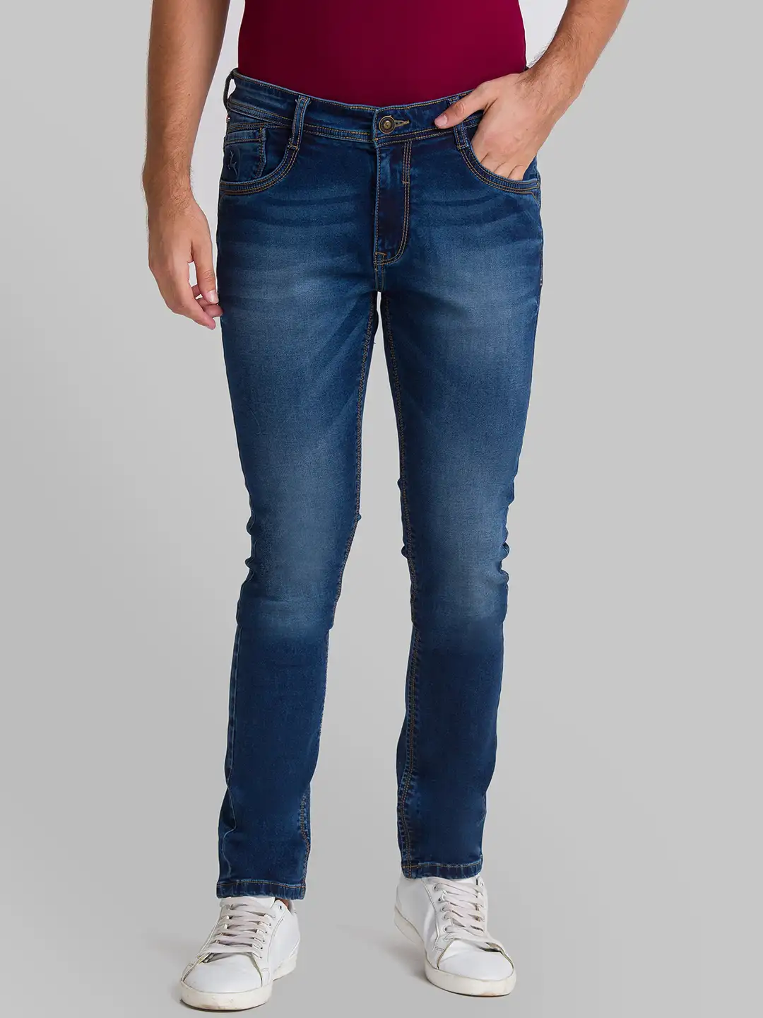 Men Blue Skinny Cropped Fit Knitted Cotton Blend Jeans