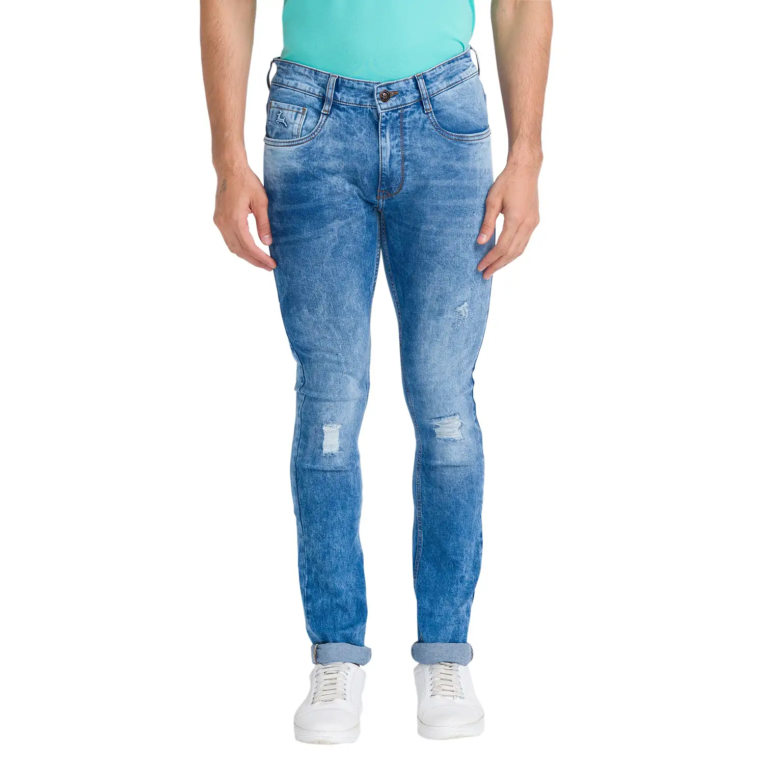 Men Blue Skinny Cropped Fit Plain Cotton Blend Jeans