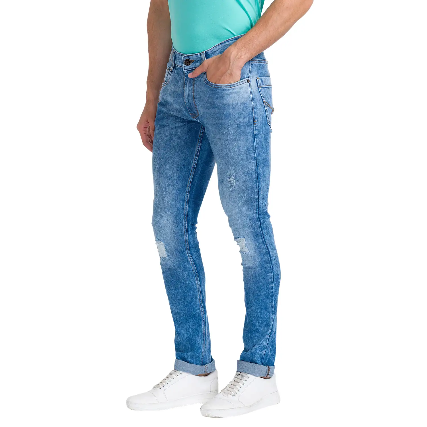 Men Blue Skinny Cropped Fit Plain Cotton Blend Jeans - Image 3