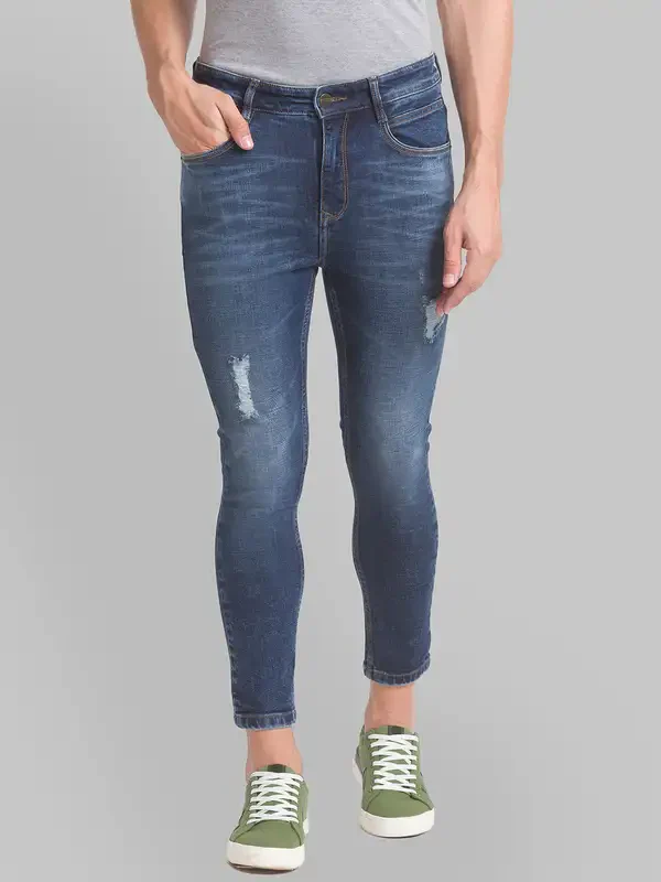 Men Blue Skinny Cropped Fit Plain Cotton Blend Jeans