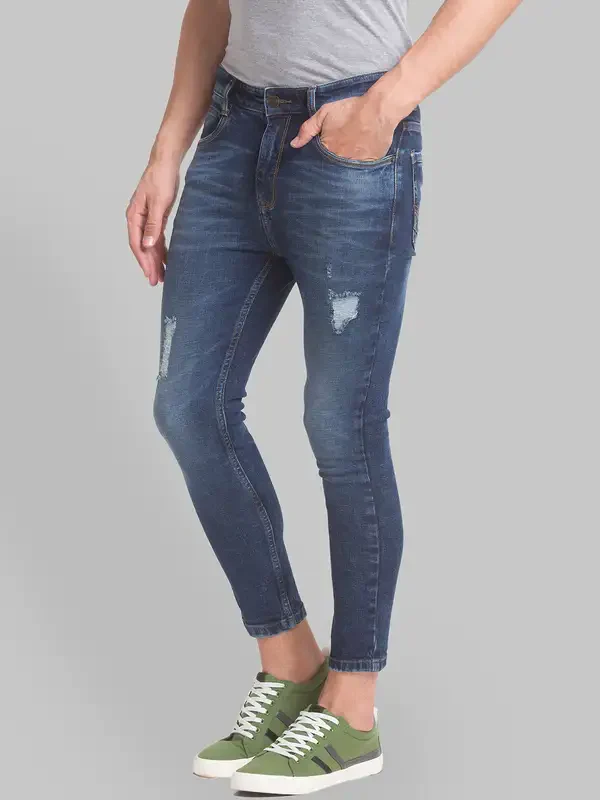 Men Blue Skinny Cropped Fit Plain Cotton Blend Jeans - Image 3