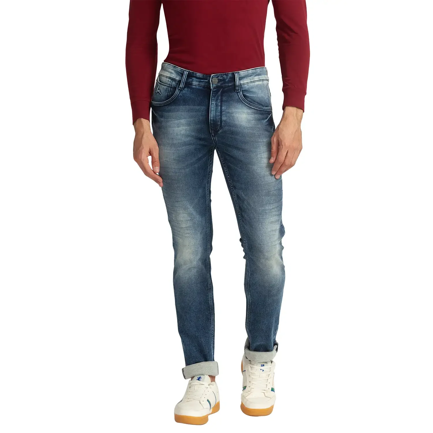 Men Blue Skinny Cropped Fit Plain Cotton Blend Jeans