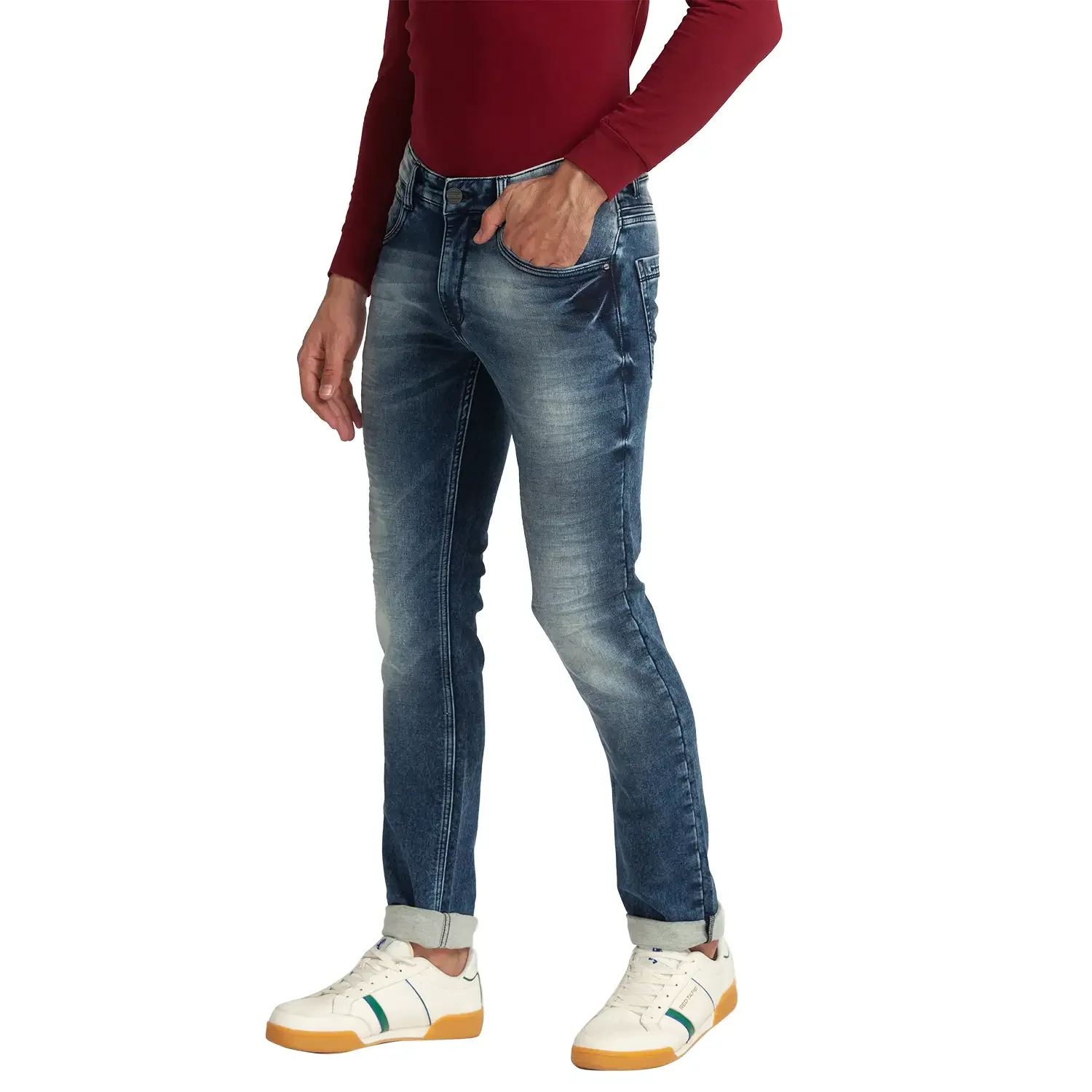 Men Blue Skinny Cropped Fit Plain Cotton Blend Jeans - Image 3