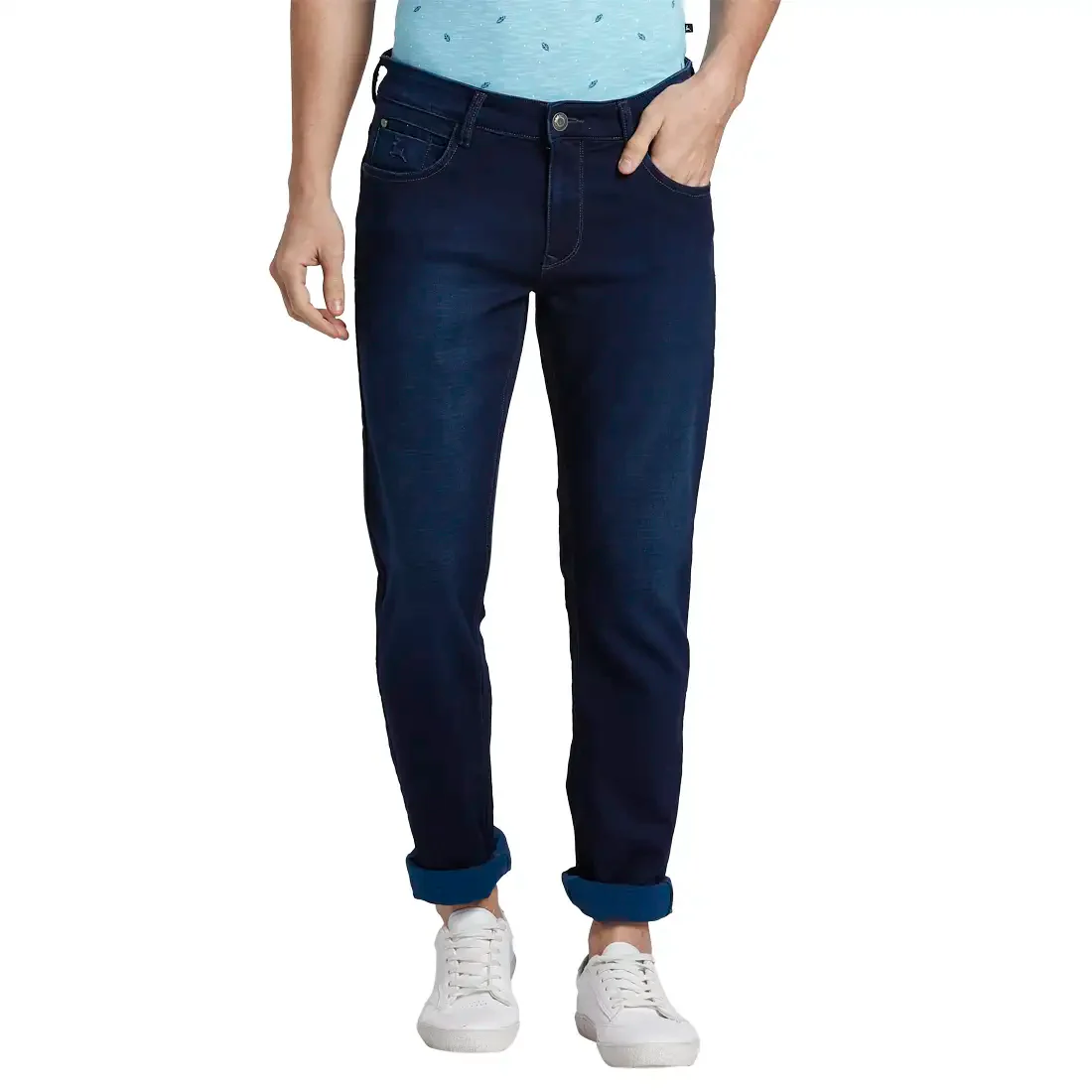 Men Blue Skinny Cropped Fit Plain Cotton Blend Jeans