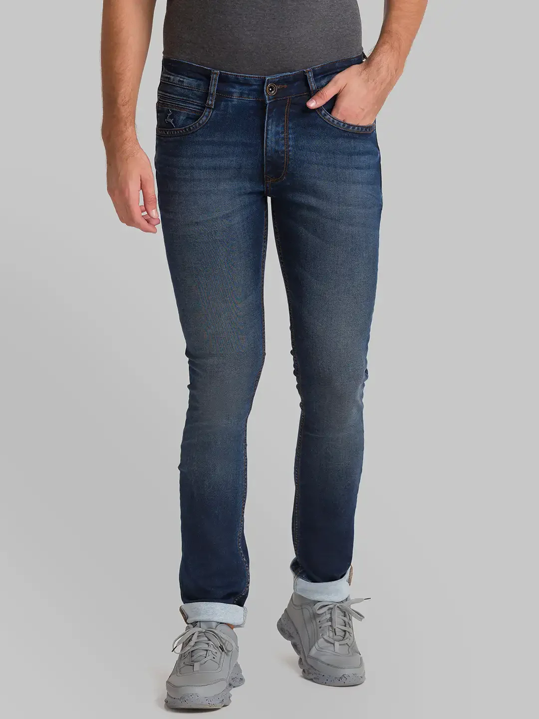 Men Blue Skinny Cropped Fit Plain Cotton Blend Jeans