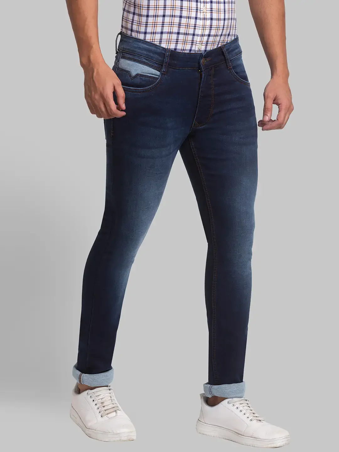 Men Blue Skinny Cropped Fit Plain Cotton Blend Jeans - Image 2