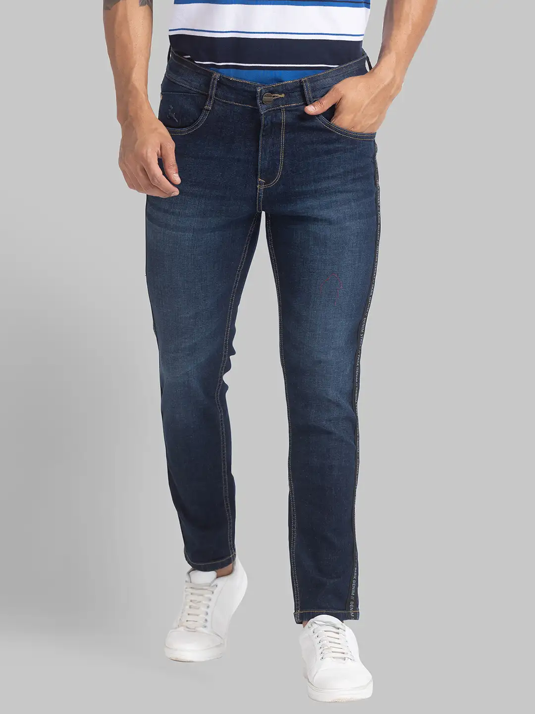 Men Blue Skinny Cropped Fit Plain Cotton Blend Jeans