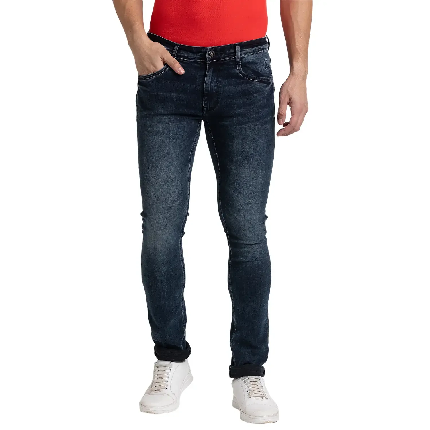 Men Blue Skinny Cropped Fit Twill Cotton Blend Jeans