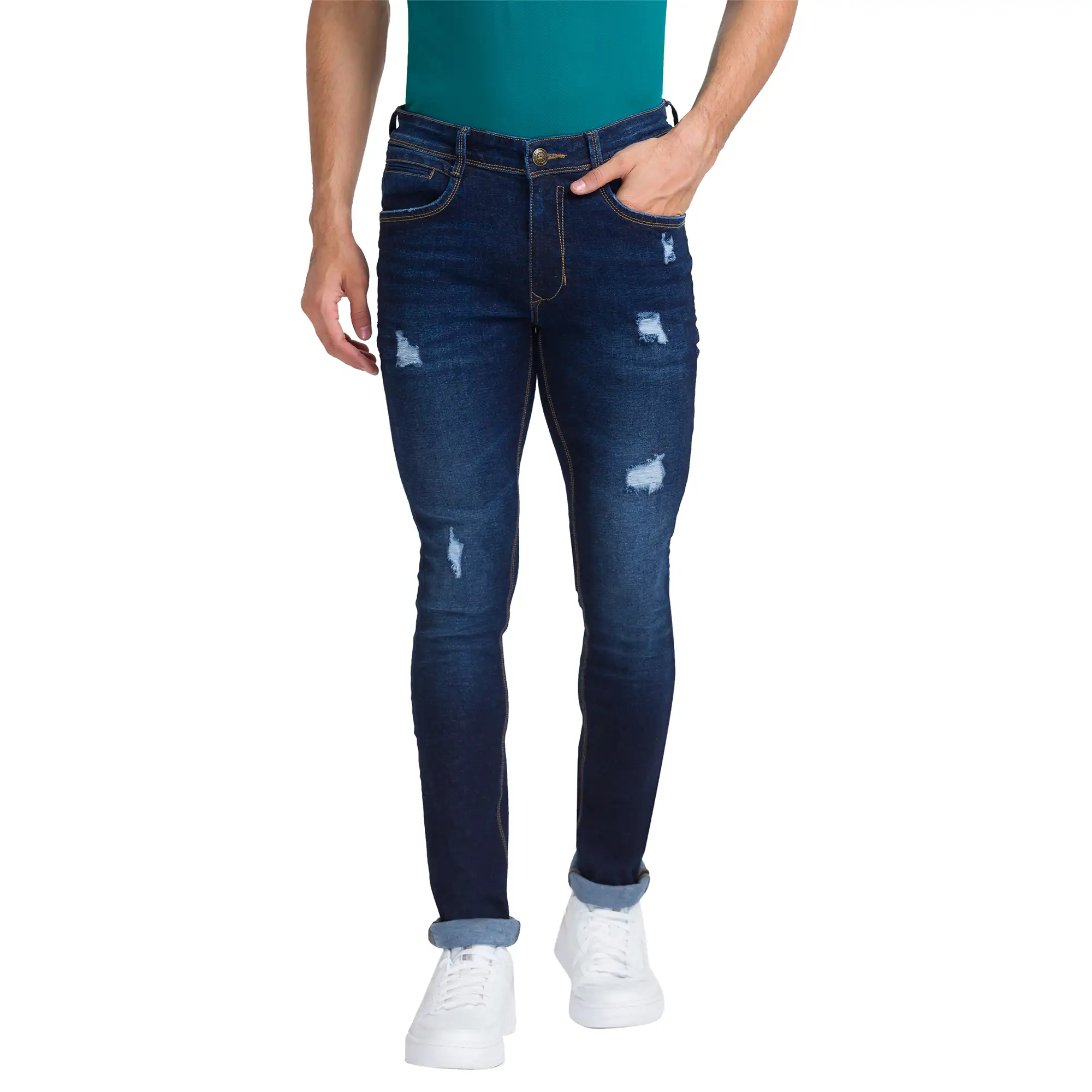 Men Blue Skinny Cropped Fit Twill Cotton Blend Jeans