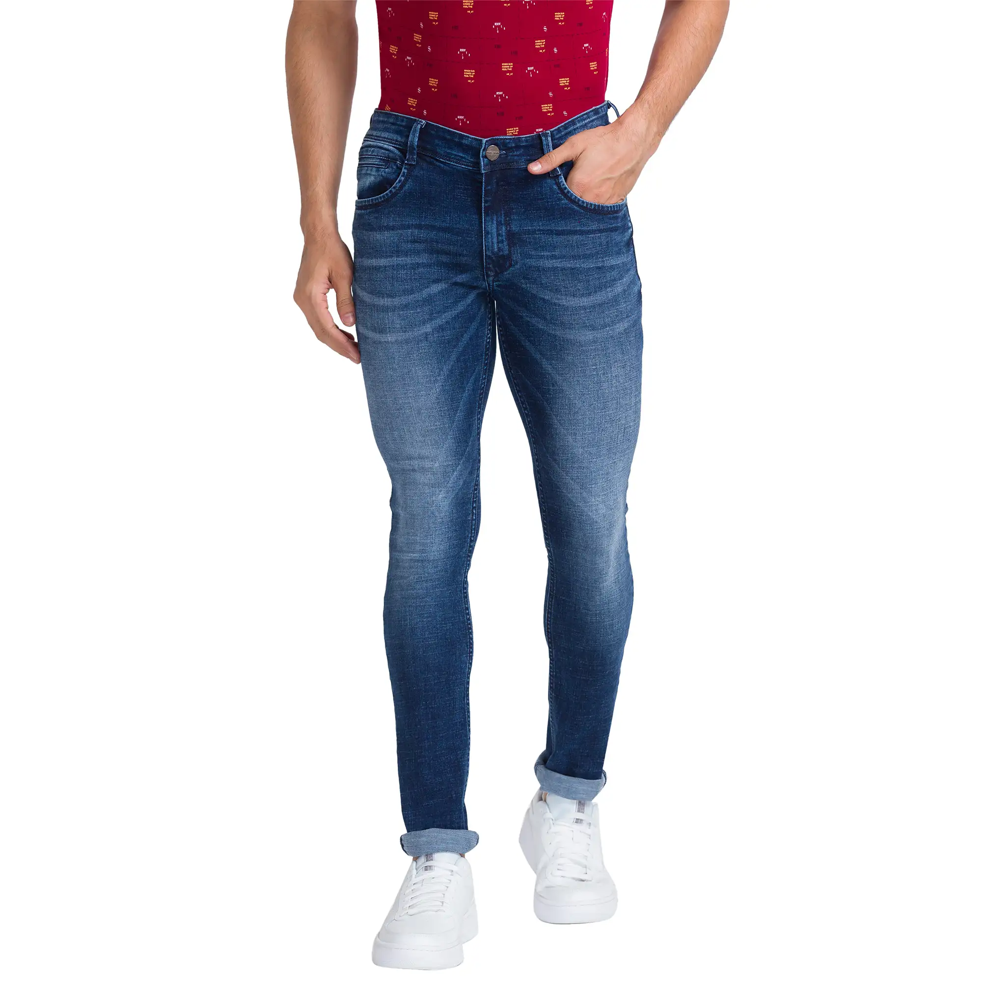 Men Blue Skinny Cropped Fit Twill Cotton Blend Jeans