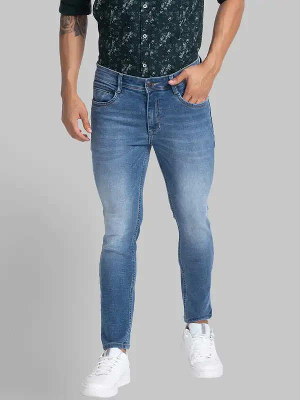 Men Blue Skinny Cropped Fit Twill Cotton Blend Jeans