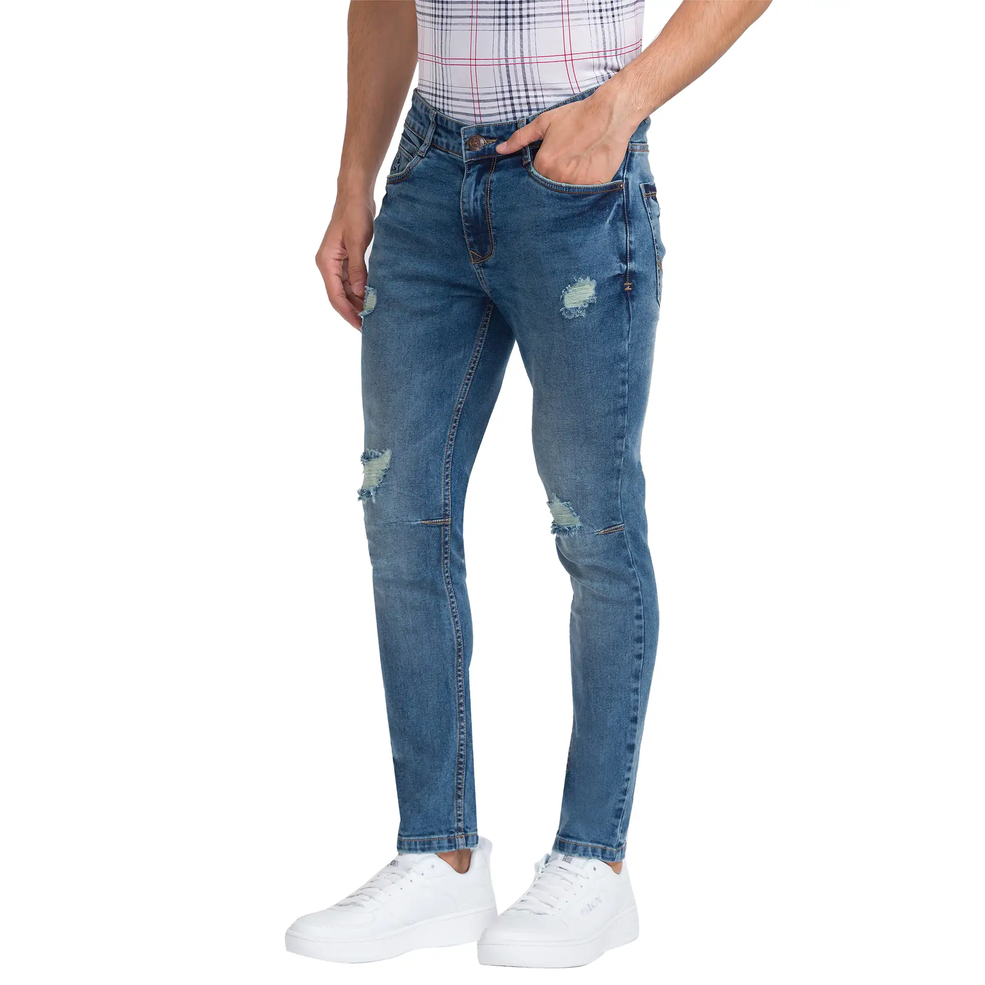 Men Blue Skinny Cropped Fit Twill Cotton Blend Jeans - Image 3