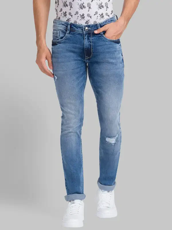 Men Blue Skinny Cropped Fit Twill Cotton Blend Jeans