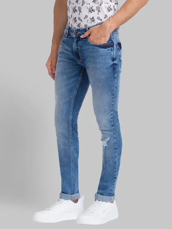 Men Blue Skinny Cropped Fit Twill Cotton Blend Jeans - Image 3
