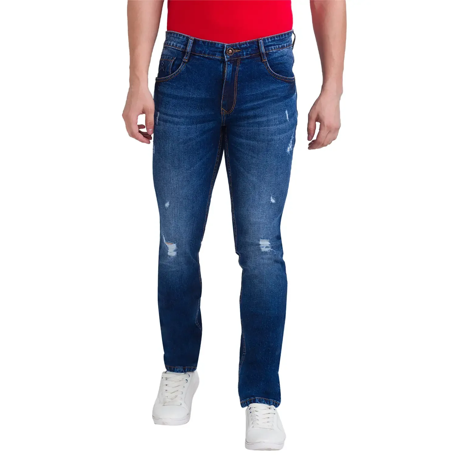 Men Blue Skinny Cropped Fit Twill Cotton Blend Jeans