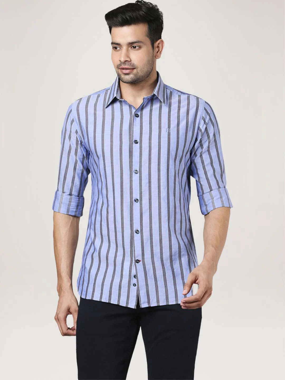 Men Blue Slim Fit Barre Cotton Shirts - Image 5
