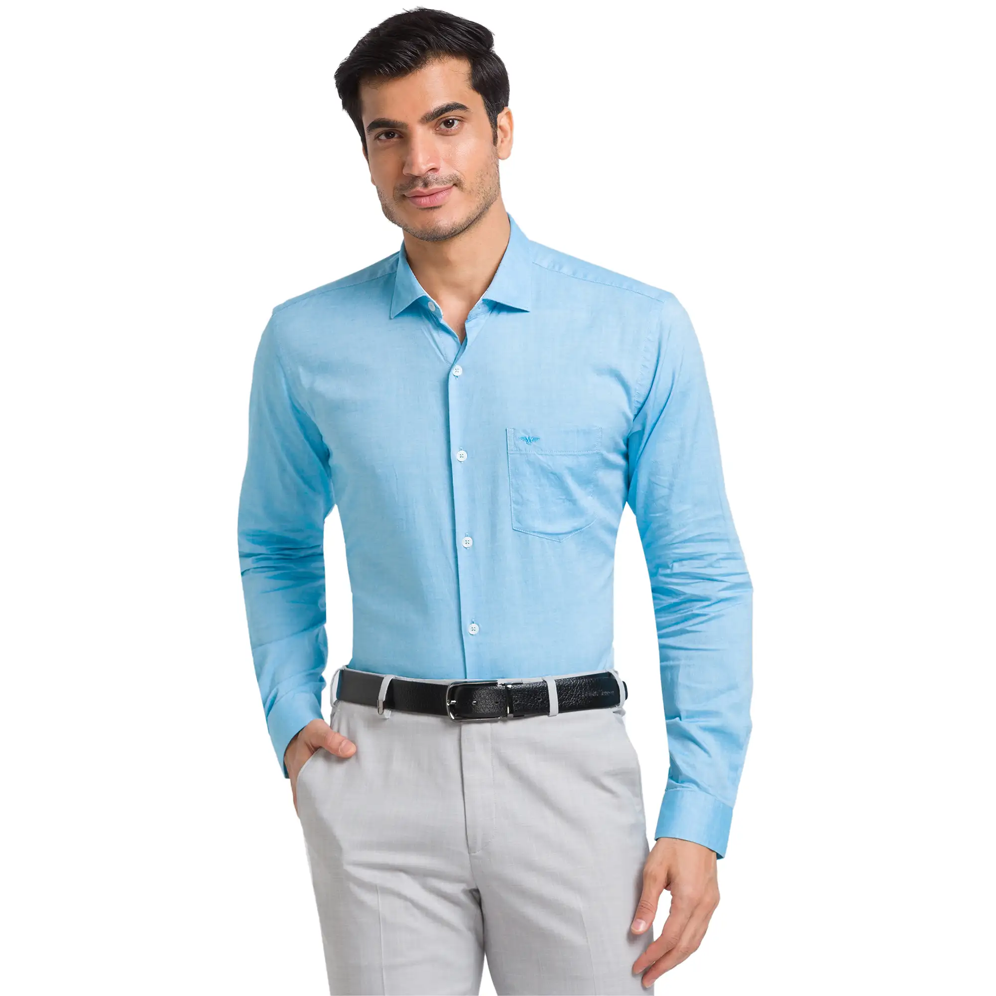 Men Blue Slim Fit Chambray Cotton Cut Away Collar Shirts