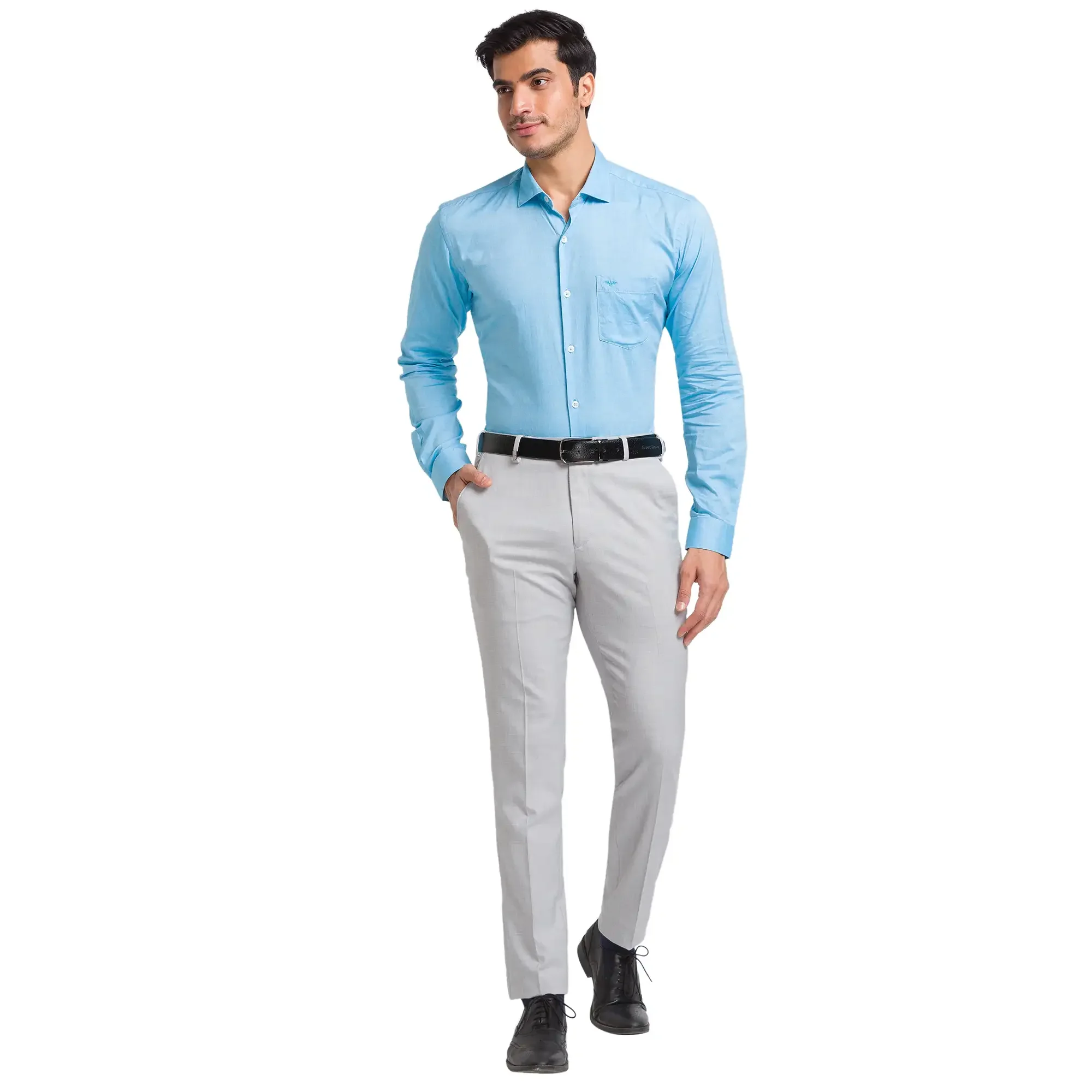 Men Blue Slim Fit Chambray Cotton Cut Away Collar Shirts - Image 5