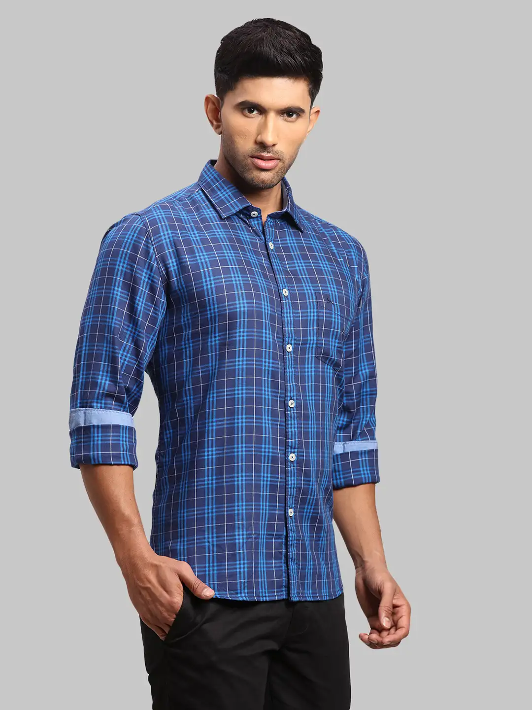 Men Blue Slim Fit Checks Cotton Blend Full Sleeve Shirts - Image 2