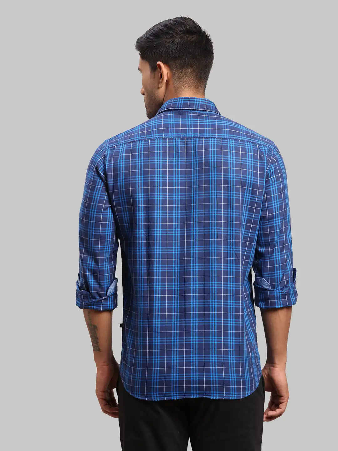 Men Blue Slim Fit Checks Cotton Blend Full Sleeve Shirts - Image 4
