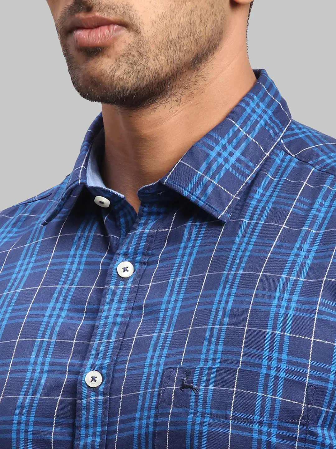 Men Blue Slim Fit Checks Cotton Blend Full Sleeve Shirts - Image 6