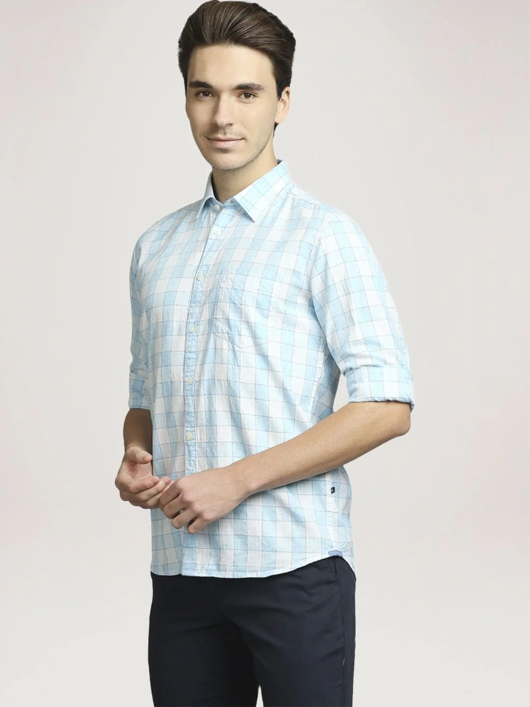 Men Blue Slim Fit Checks Cotton Blend Full Sleeve Shirts - Image 4