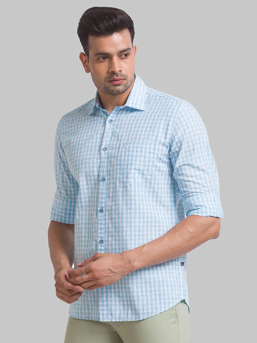 Men Blue Slim Fit Checks Cotton Blend Full Sleeve Shirts - Image 3