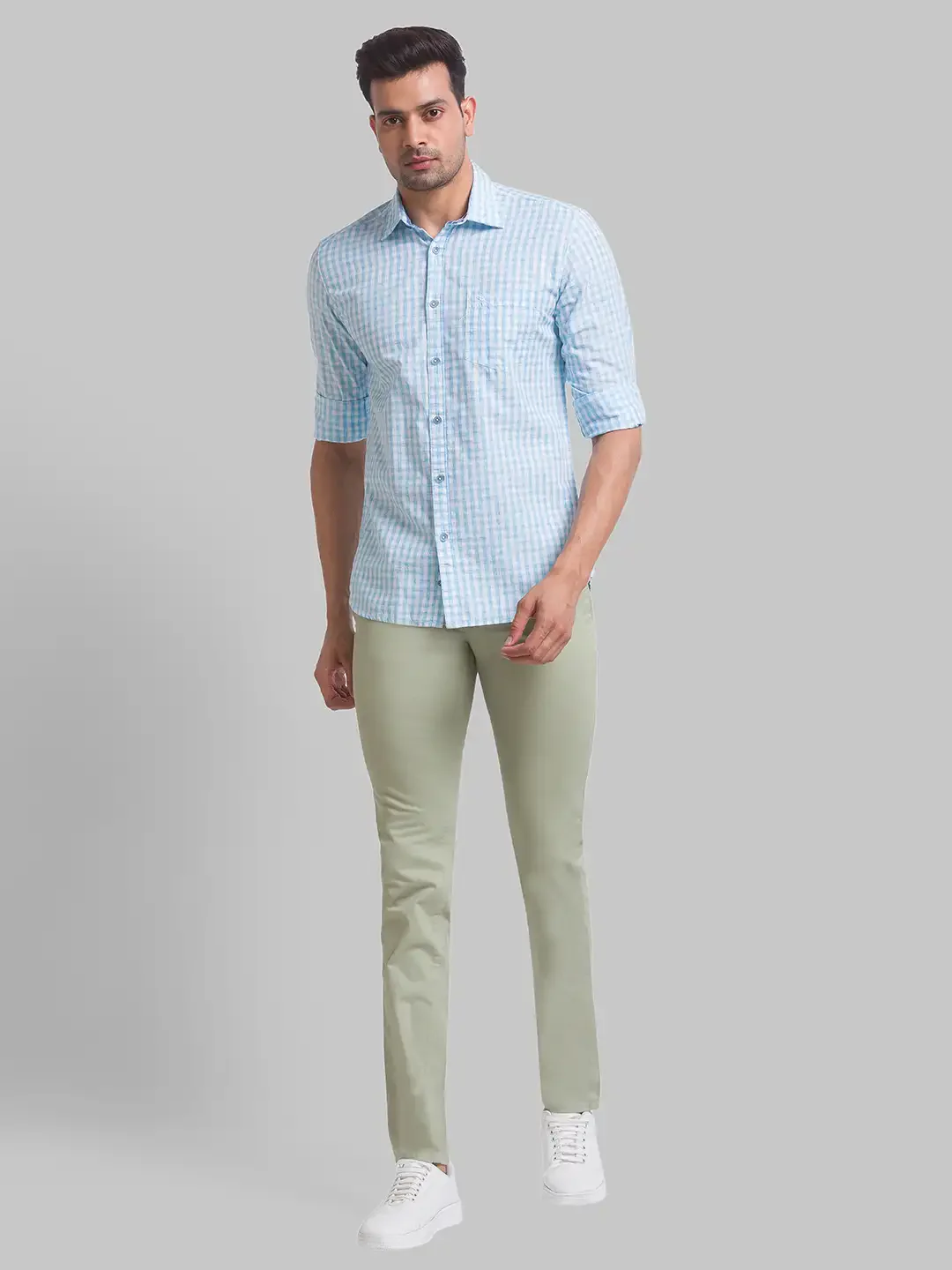 Men Blue Slim Fit Checks Cotton Blend Full Sleeve Shirts - Image 5
