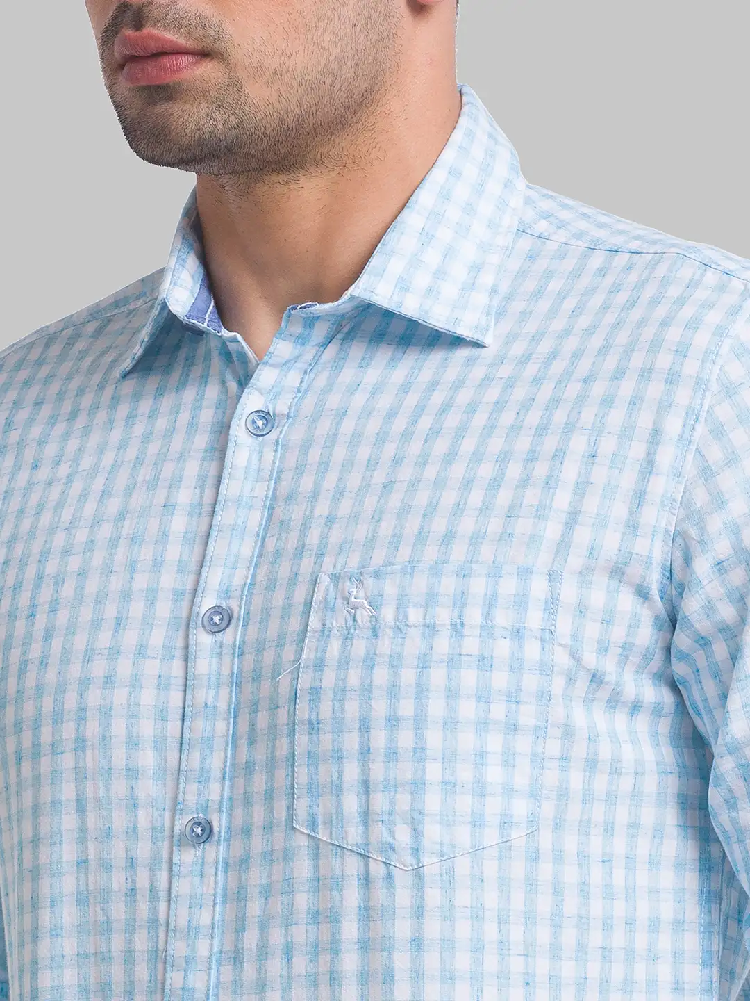 Men Blue Slim Fit Checks Cotton Blend Full Sleeve Shirts - Image 6