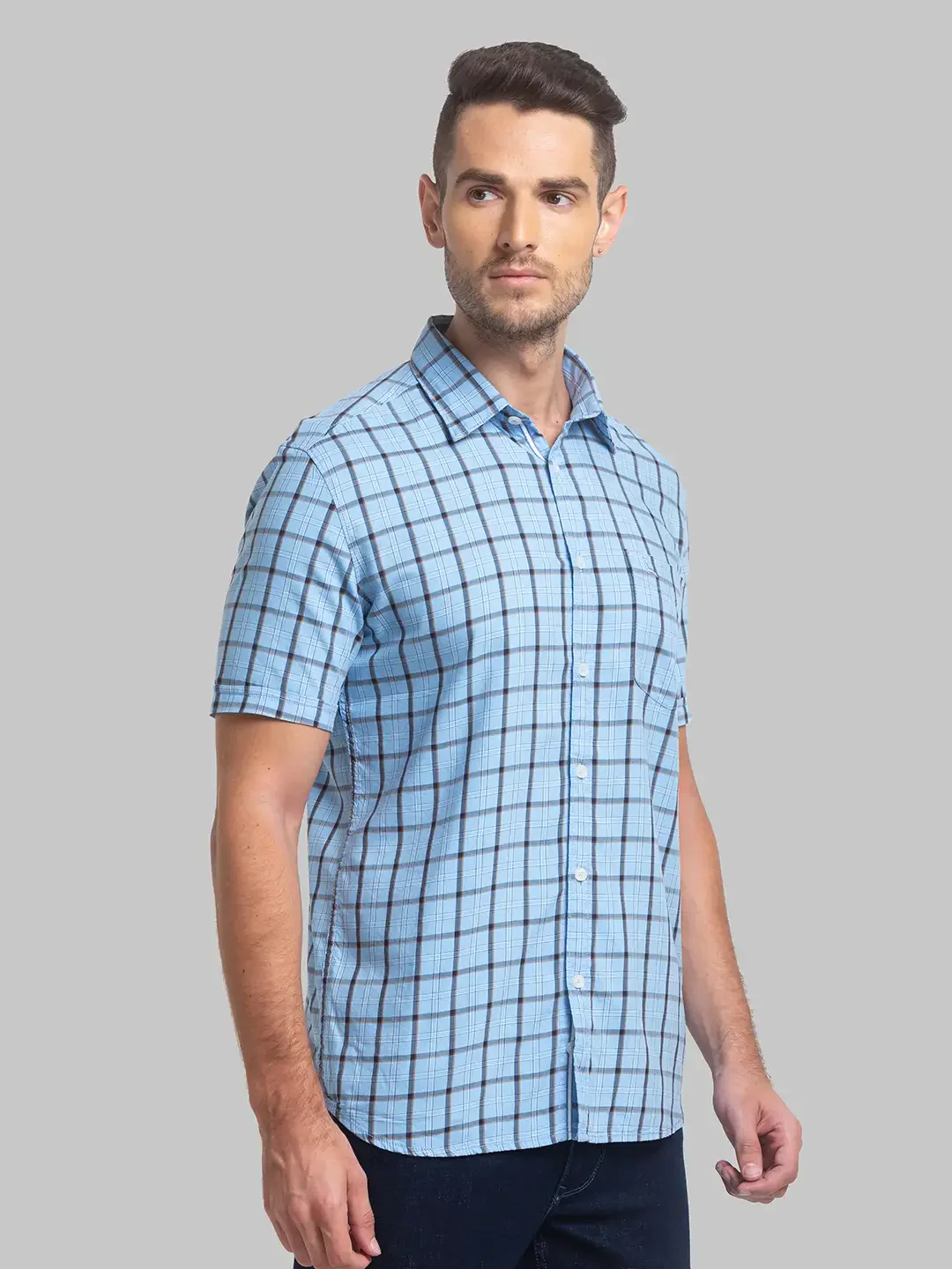 Men Blue Slim Fit Checks Cotton Blend Half Sleeve Shirts - Image 2