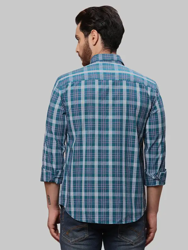 Men Blue Slim Fit Checks Cotton Cut Away Collar Shirts - Image 4