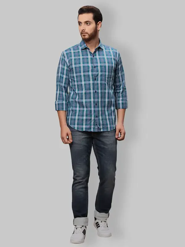 Men Blue Slim Fit Checks Cotton Cut Away Collar Shirts - Image 5