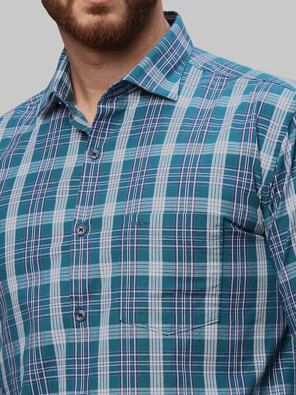 Men Blue Slim Fit Checks Cotton Cut Away Collar Shirts - Image 6
