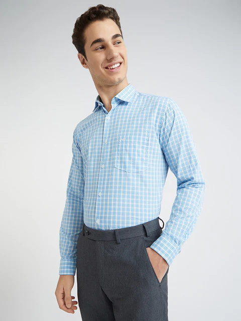 Men Blue Slim Fit Checks Cotton Cut Away Collar Shirts - Image 3