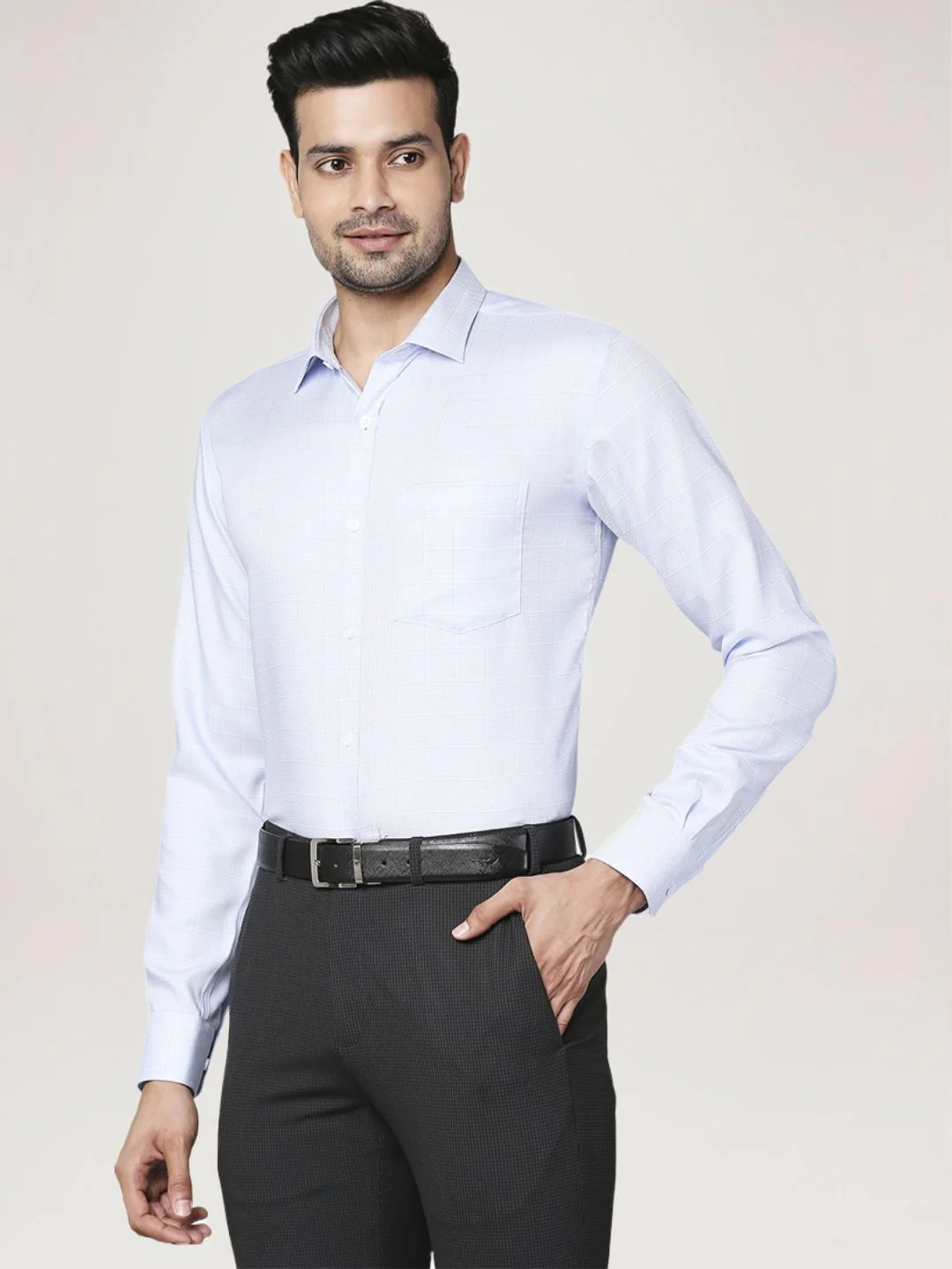 Men Blue Slim Fit Checks Cotton Cut Away Collar Shirts - Image 6