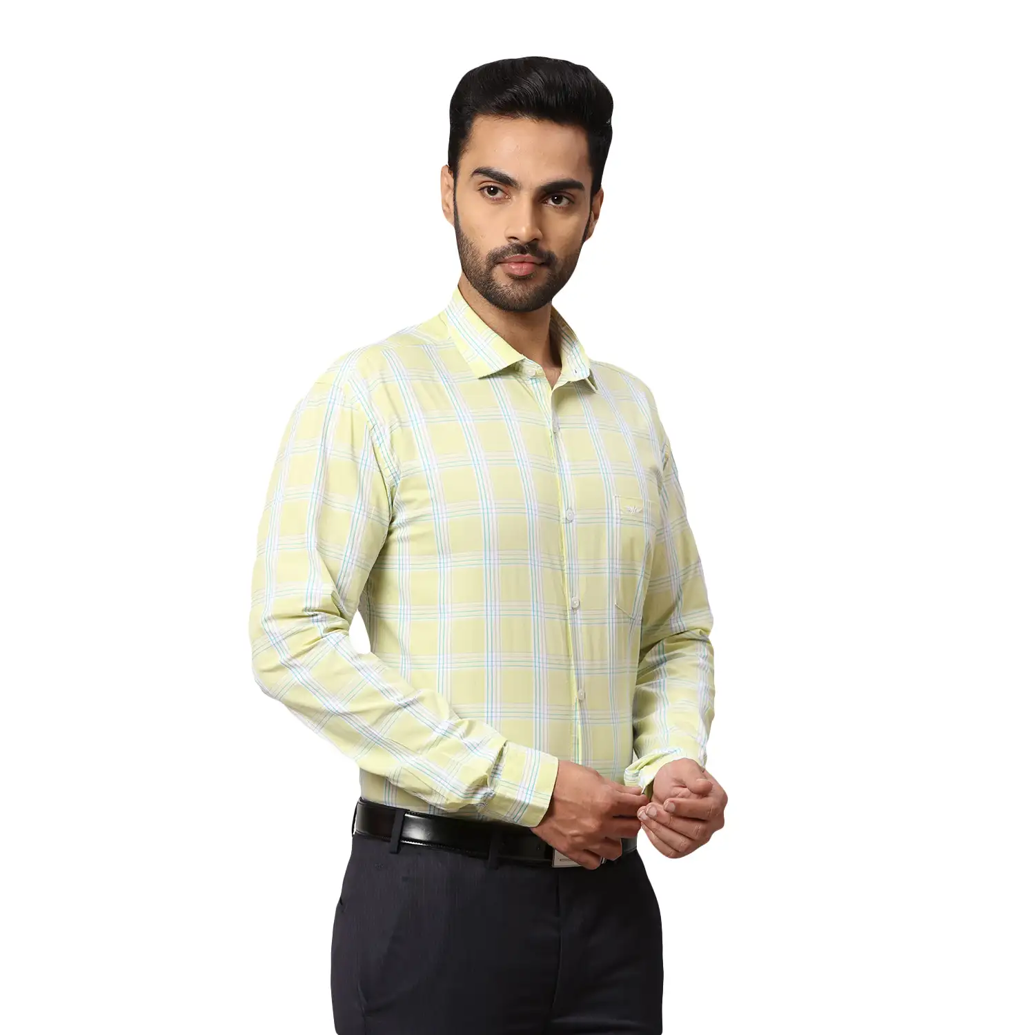 Men Blue Slim Fit Checks Cotton Cut Away Collar Shirts - Image 2
