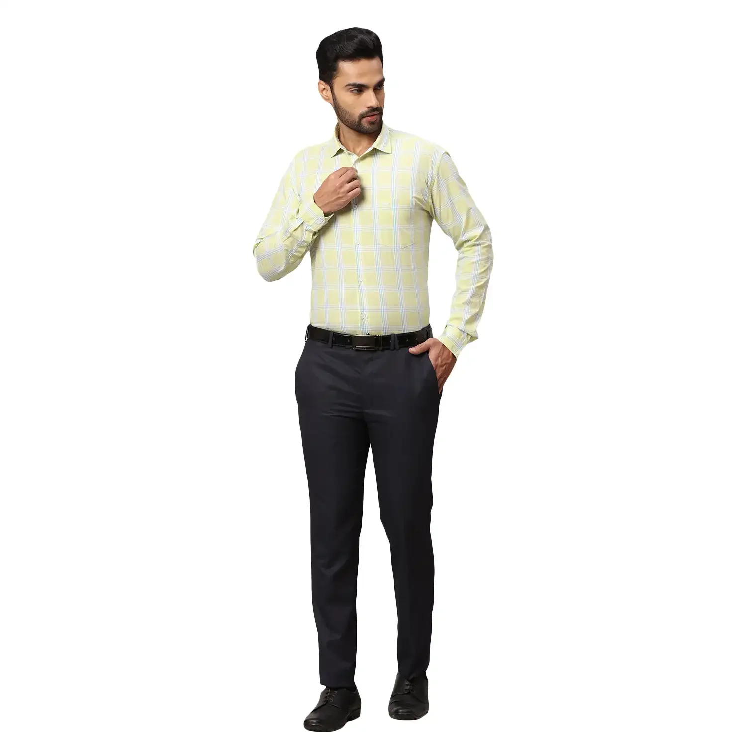 Men Blue Slim Fit Checks Cotton Cut Away Collar Shirts - Image 5