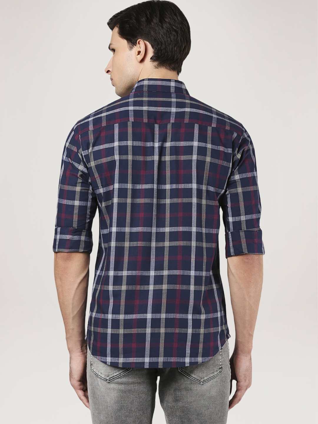 Men Blue Slim Fit Checks Cotton Cut Away Collar Shirts - Image 4