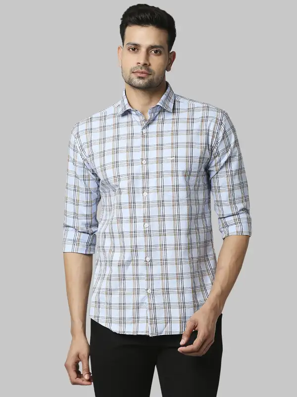 Men Blue Slim Fit Checks Cotton Cut Away Collar Shirts
