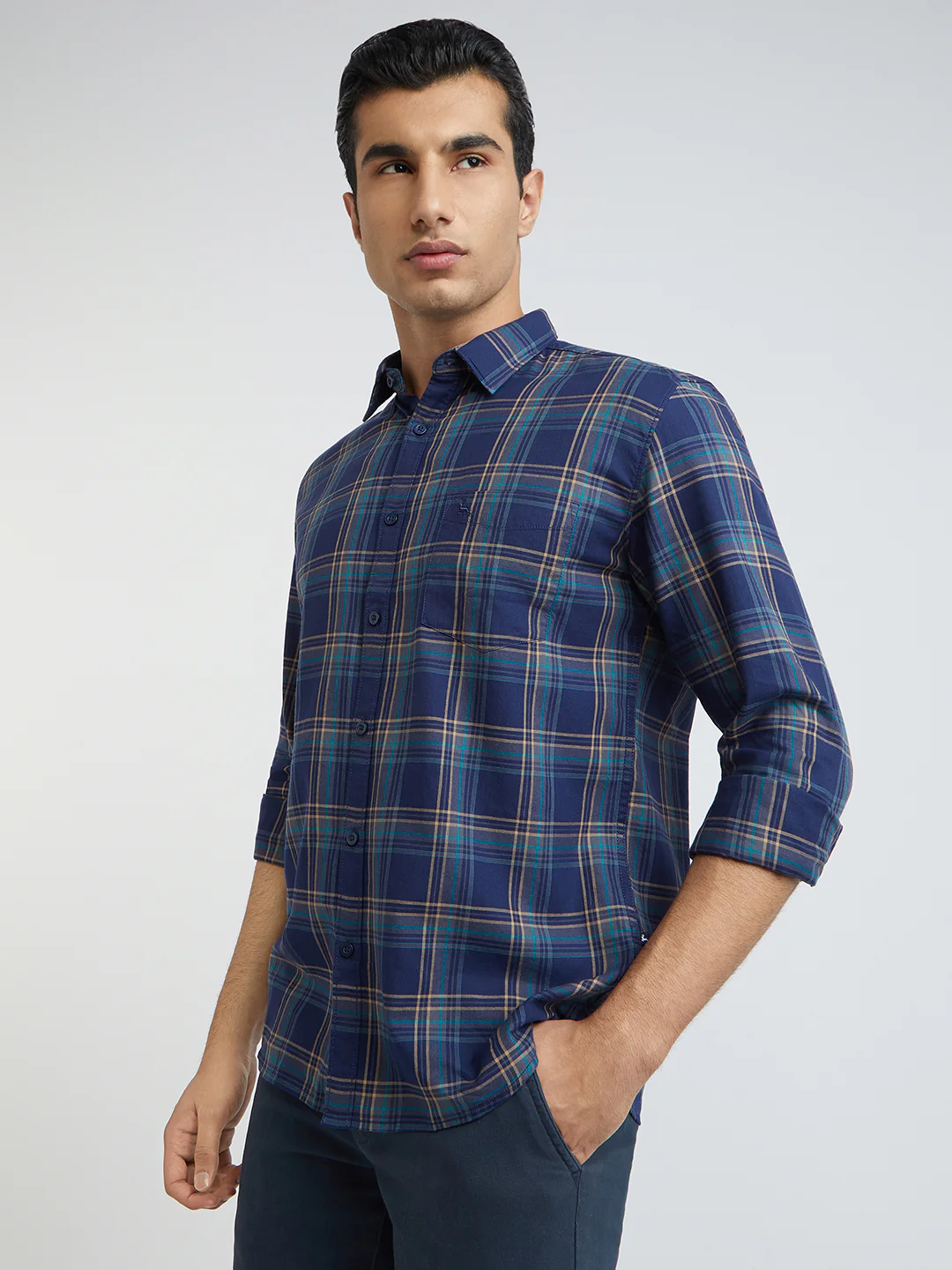Men Blue Slim Fit Checks Cotton Full Sleeve Shirts - Image 3