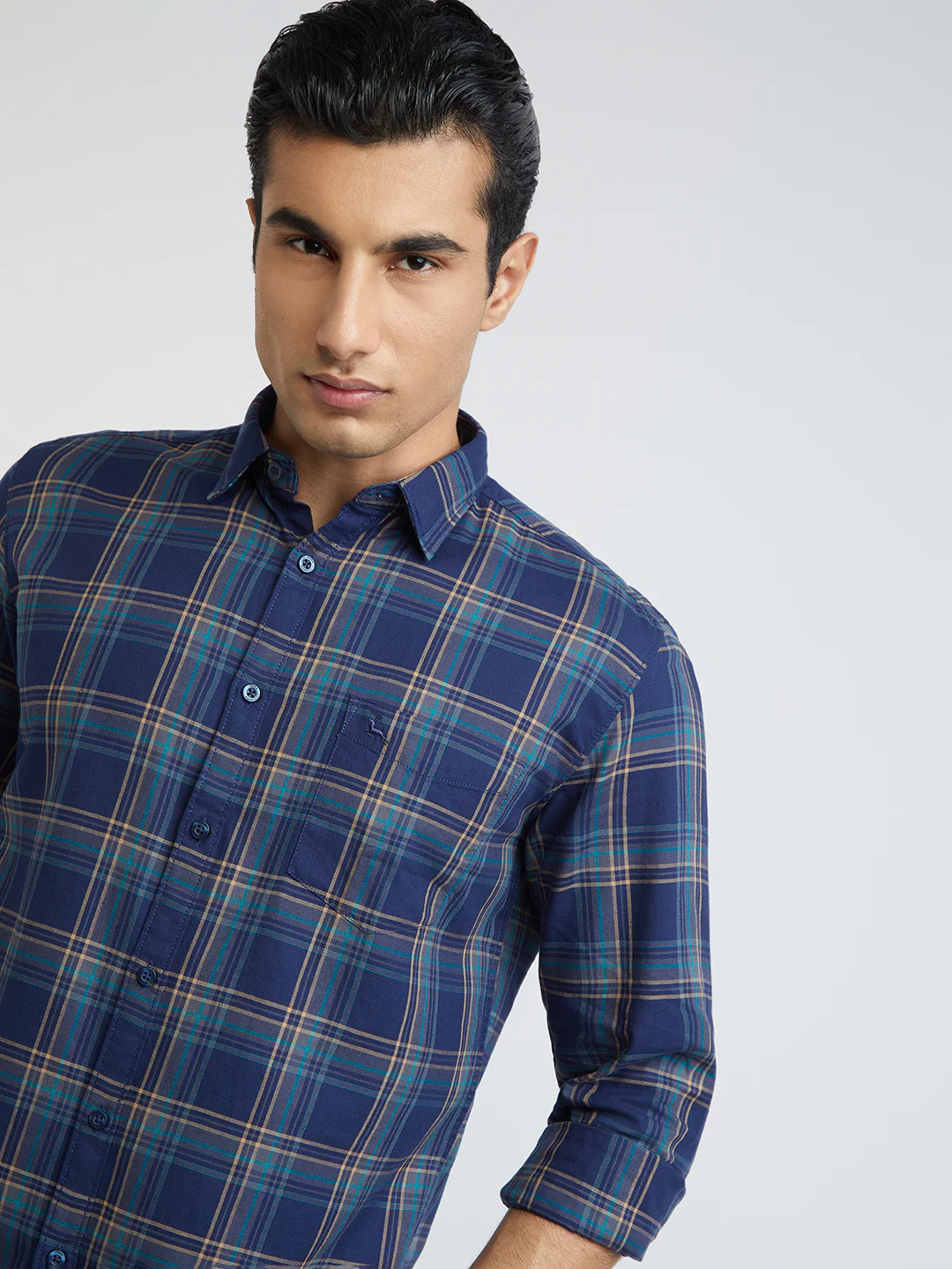Men Blue Slim Fit Checks Cotton Full Sleeve Shirts - Image 6